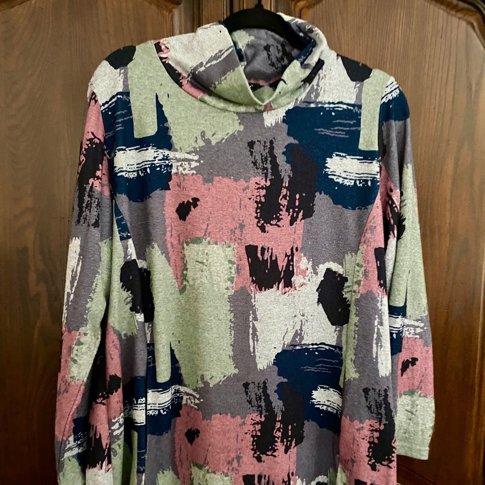 Designer Top in Pink, Green, and Gray. Long Tunic Blouse, Turtleneck. XL for W